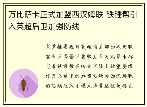 万比萨卡正式加盟西汉姆联 铁锤帮引入英超后卫加强防线 万比萨卡正式加盟西汉姆联 铁锤帮引入英超后卫加强防线
