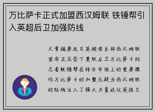 万比萨卡正式加盟西汉姆联 铁锤帮引入英超后卫加强防线 万比萨卡正式加盟西汉姆联 铁锤帮引入英超后卫加强防线